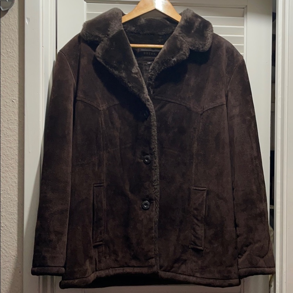 Guess Heavy Suede Coat with Soft Faux Fur Collar